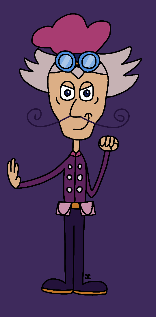 A drawing of the Peculiar Purple Pieman of Porcupine Peak, the villain of Strawberry Shortcake. He has pale skin, dark blue eyes, and white hair on his head. He is wrinkled, and he has a purple mustache. He is wearing a purple chef's jacket with white buttons, a brown belt with two oversized lavender pockets, dark purple boots that go up to his waist, a purple chef's hat, and a pair of goggles with a dark blue strap, sky blue eye seal, and pale blue lenses.